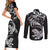 New Zealand Tuatara Tribal Tattoo Couples Matching Short Sleeve Bodycon Dress and Long Sleeve Button Shirt Silver Fern and Maori Pattern Black Color