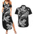 New Zealand Tuatara Tribal Tattoo Couples Matching Summer Maxi Dress and Hawaiian Shirt Silver Fern and Maori Pattern Black Color