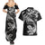 New Zealand Tuatara Tribal Tattoo Couples Matching Summer Maxi Dress and Hawaiian Shirt Silver Fern and Maori Pattern Black Color