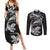 New Zealand Tuatara Tribal Tattoo Couples Matching Summer Maxi Dress and Long Sleeve Button Shirt Silver Fern and Maori Pattern Black Color