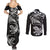 New Zealand Tuatara Tribal Tattoo Couples Matching Summer Maxi Dress and Long Sleeve Button Shirt Silver Fern and Maori Pattern Black Color