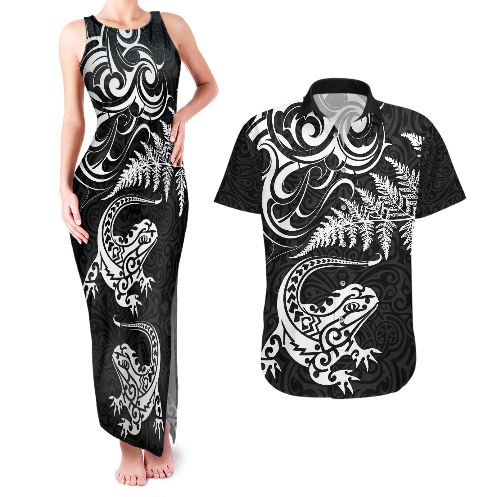 New Zealand Tuatara Tribal Tattoo Couples Matching Tank Maxi Dress and Hawaiian Shirt Silver Fern and Maori Pattern Black Color