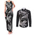 New Zealand Tuatara Tribal Tattoo Couples Matching Tank Maxi Dress and Long Sleeve Button Shirt Silver Fern and Maori Pattern Black Color