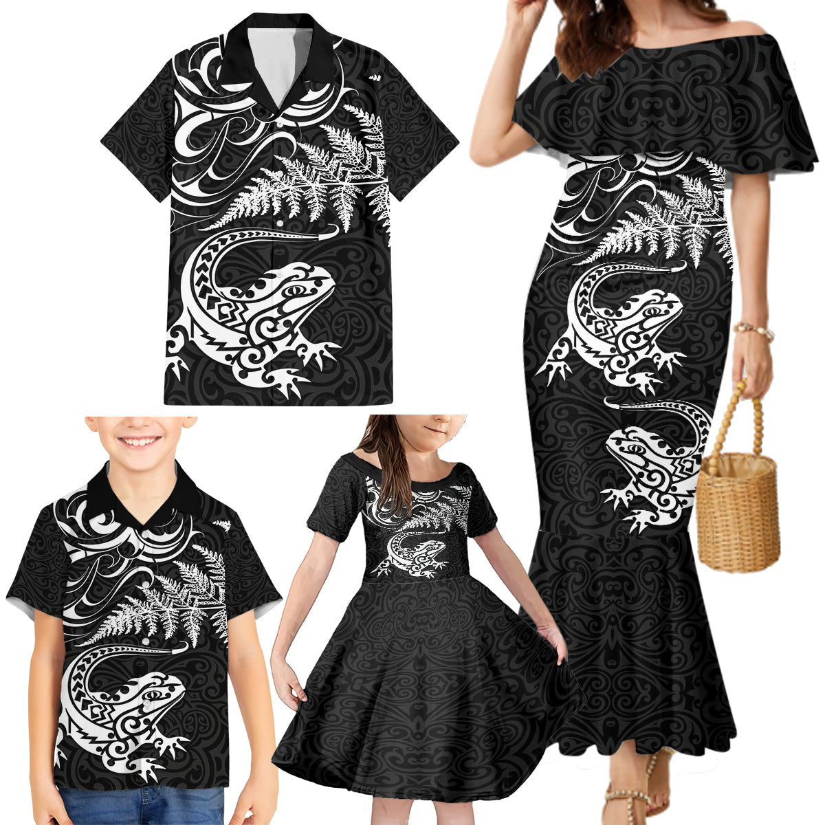 New Zealand Tuatara Tribal Tattoo Family Matching Mermaid Dress and Hawaiian Shirt Silver Fern and Maori Pattern Black Color