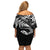 New Zealand Tuatara Tribal Tattoo Family Matching Off Shoulder Short Dress and Hawaiian Shirt Silver Fern and Maori Pattern Black Color