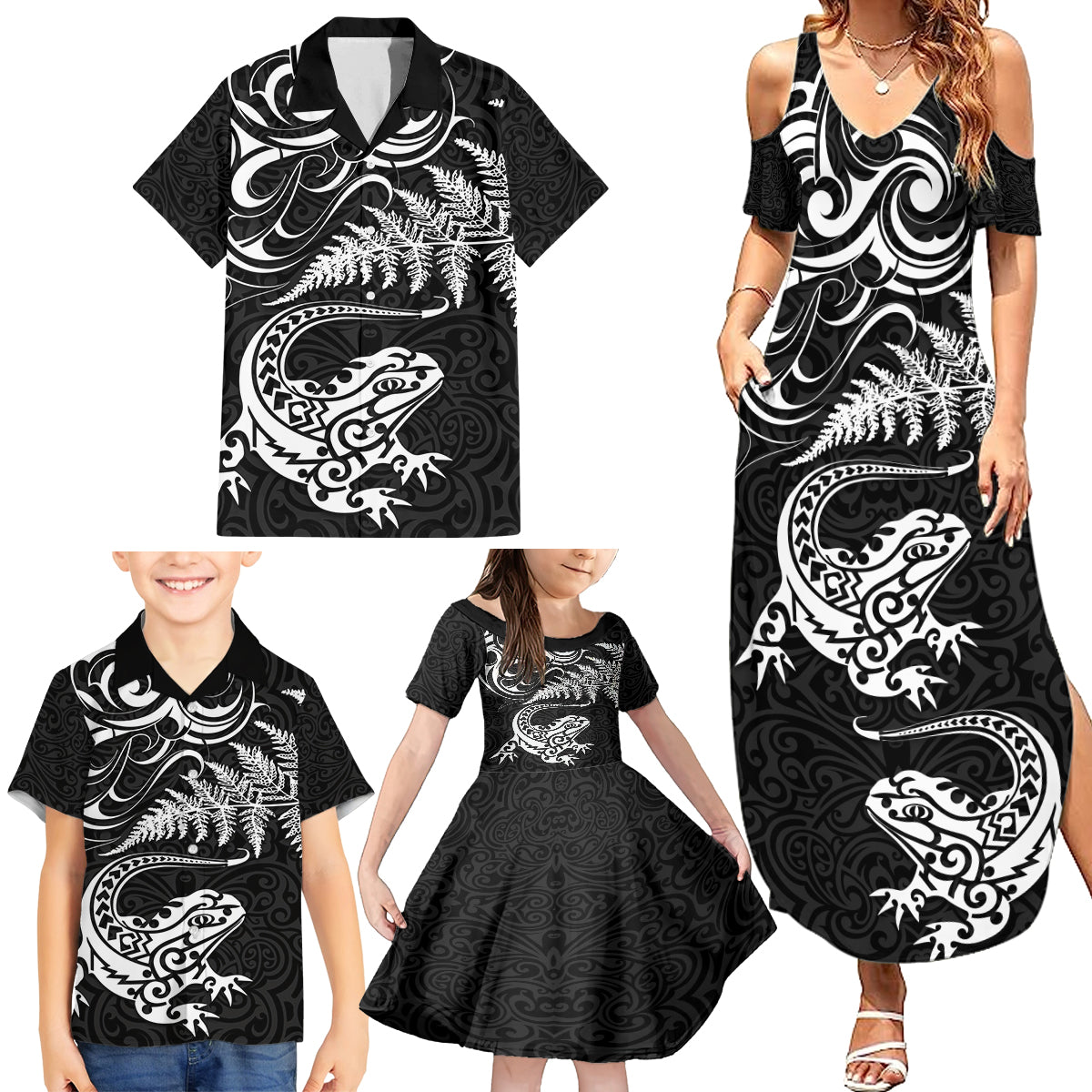 New Zealand Tuatara Tribal Tattoo Family Matching Summer Maxi Dress and Hawaiian Shirt Silver Fern and Maori Pattern Black Color