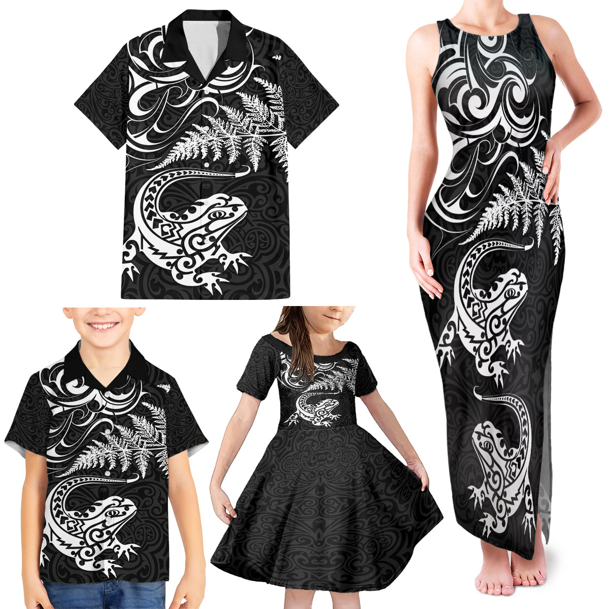 New Zealand Tuatara Tribal Tattoo Family Matching Tank Maxi Dress and Hawaiian Shirt Silver Fern and Maori Pattern Black Color