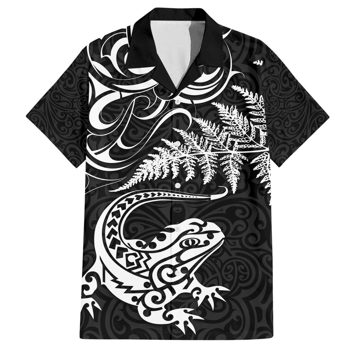 New Zealand Tuatara Tribal Tattoo Hawaiian Shirt Silver Fern and Maori Pattern Black Color LT03 Black - Polynesian Pride
