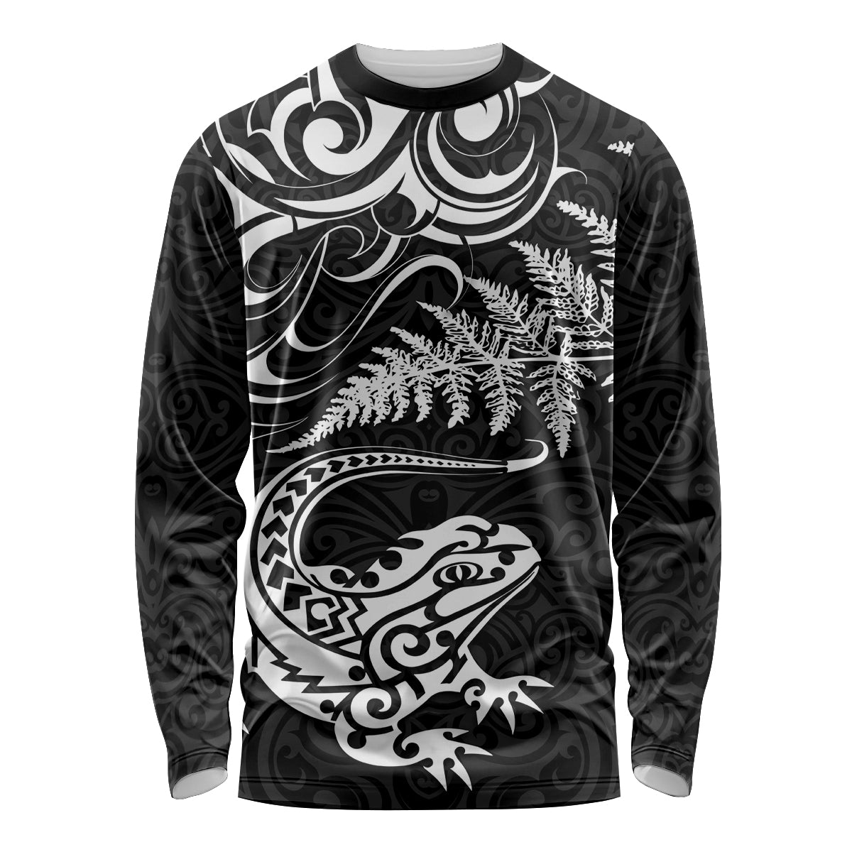 New Zealand Tuatara Tribal Tattoo Long Sleeve Shirt Silver Fern and Maori Pattern Black Color