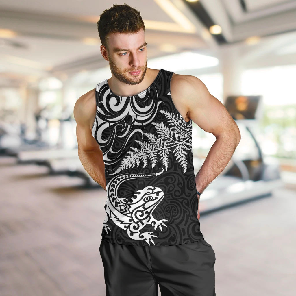 New Zealand Tuatara Tribal Tattoo Men Tank Top Silver Fern and Maori Pattern Black Color