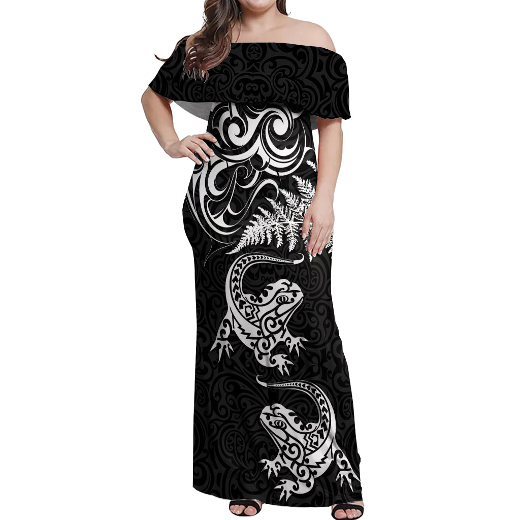 New Zealand Tuatara Tribal Tattoo Off Shoulder Maxi Dress Silver Fern and Maori Pattern Black Color