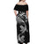 New Zealand Tuatara Tribal Tattoo Off Shoulder Maxi Dress Silver Fern and Maori Pattern Black Color