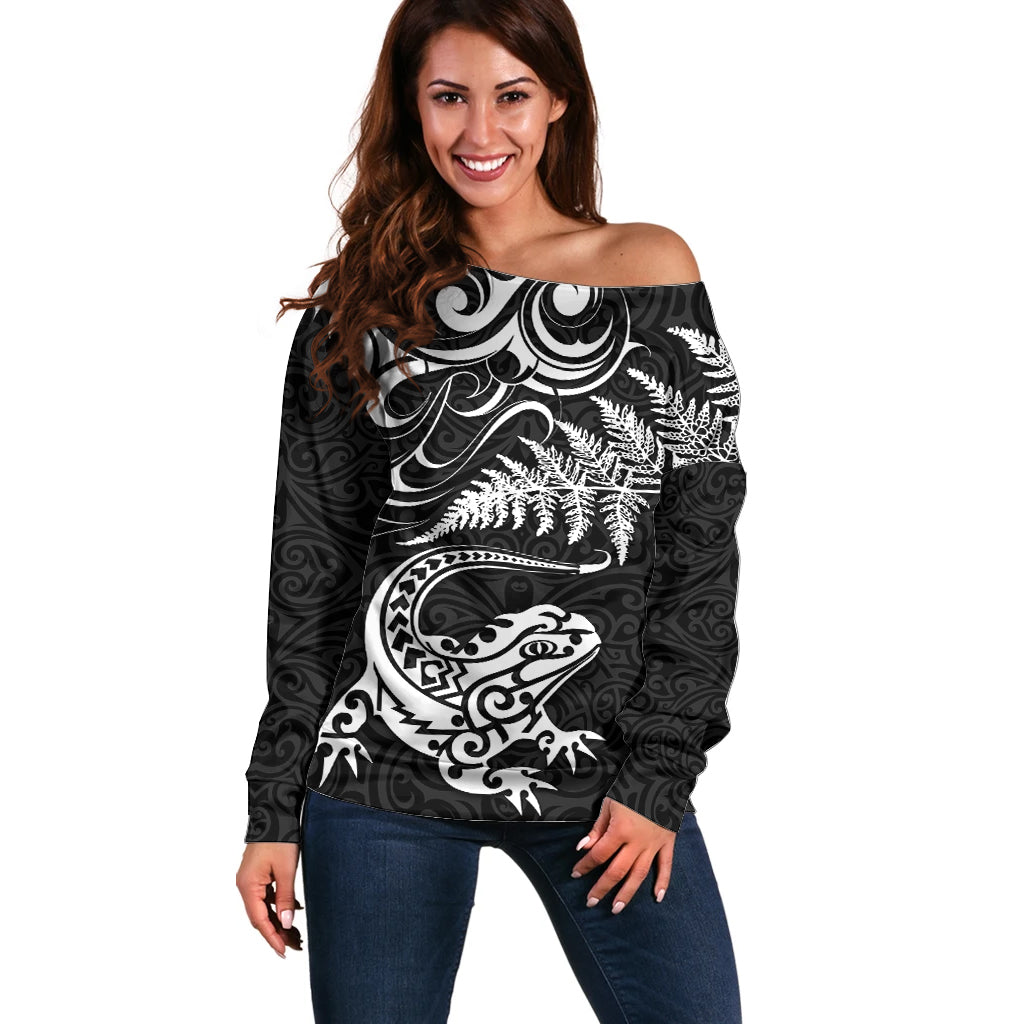 New Zealand Tuatara Tribal Tattoo Off Shoulder Sweater Silver Fern and Maori Pattern Black Color