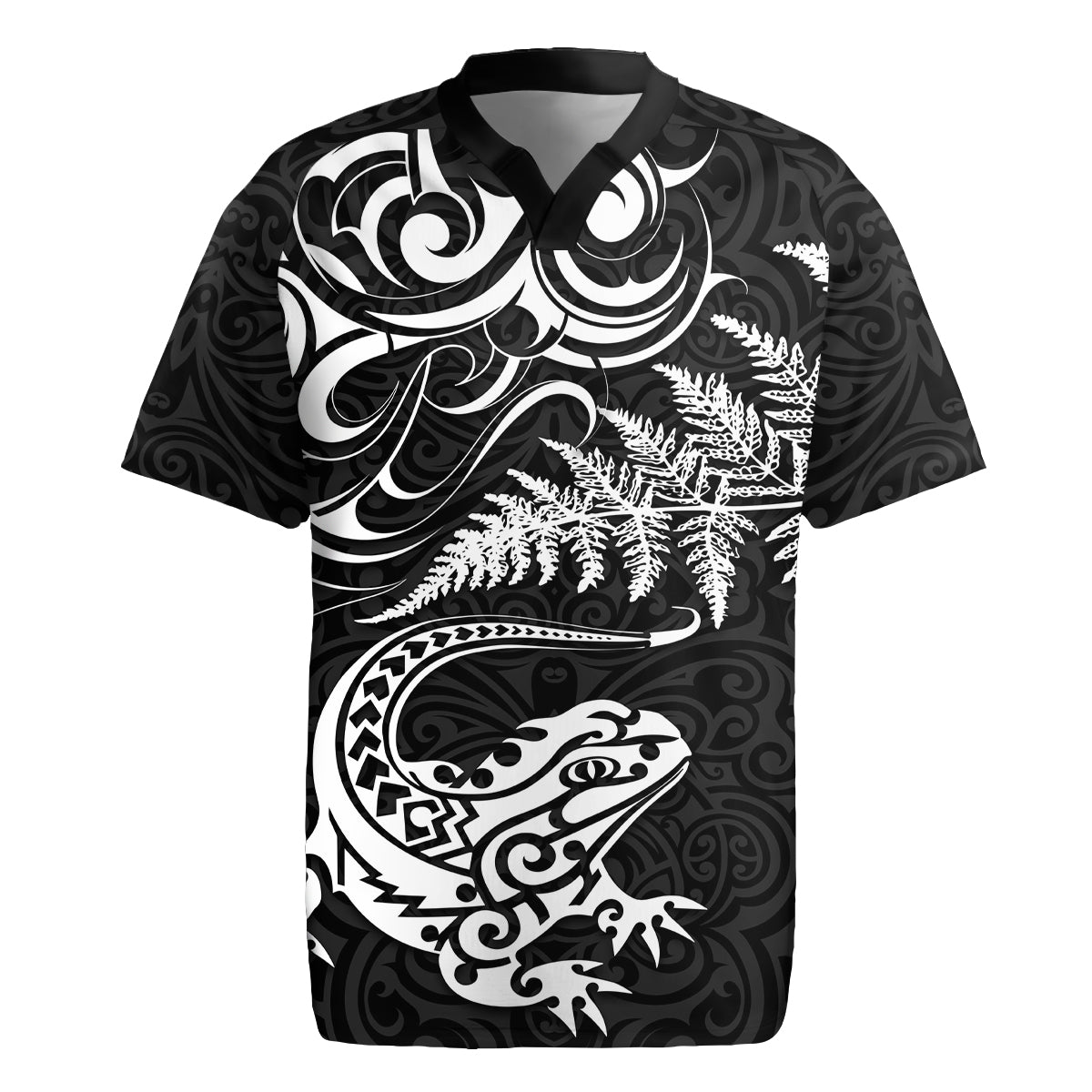 New Zealand Tuatara Tribal Tattoo Rugby Jersey Silver Fern and Maori Pattern Black Color