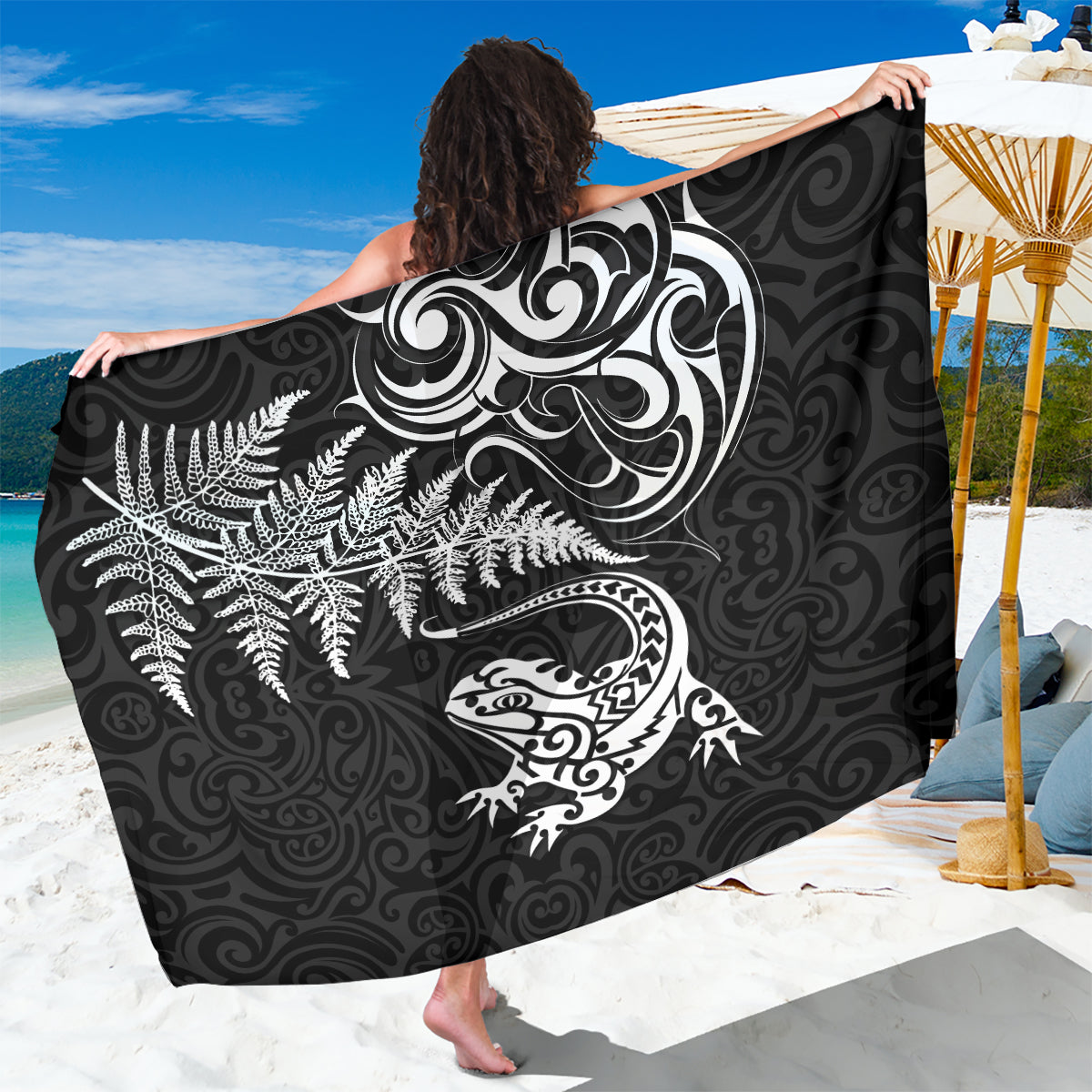 New Zealand Tuatara Tribal Tattoo Sarong Silver Fern and Maori Pattern Black Color LT03 One Size 44 x 66 inches Black - Polynesian Pride