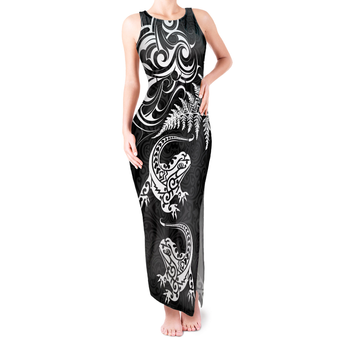 New Zealand Tuatara Tribal Tattoo Tank Maxi Dress Silver Fern and Maori Pattern Black Color