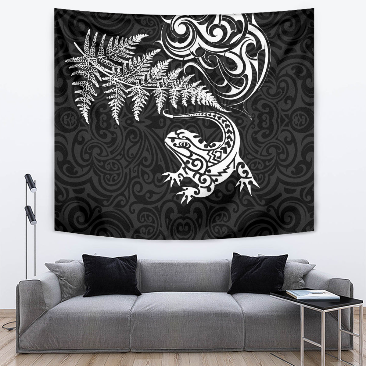 New Zealand Tuatara Tribal Tattoo Tapestry Silver Fern and Maori Pattern Black Color