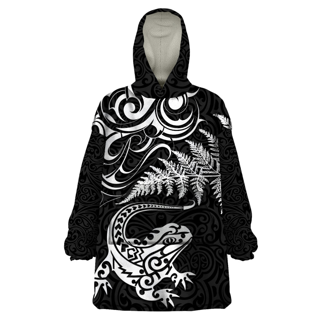 New Zealand Tuatara Tribal Tattoo Wearable Blanket Hoodie Silver Fern and Maori Pattern Black Color