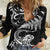 New Zealand Tuatara Tribal Tattoo Women Casual Shirt Silver Fern and Maori Pattern Black Color