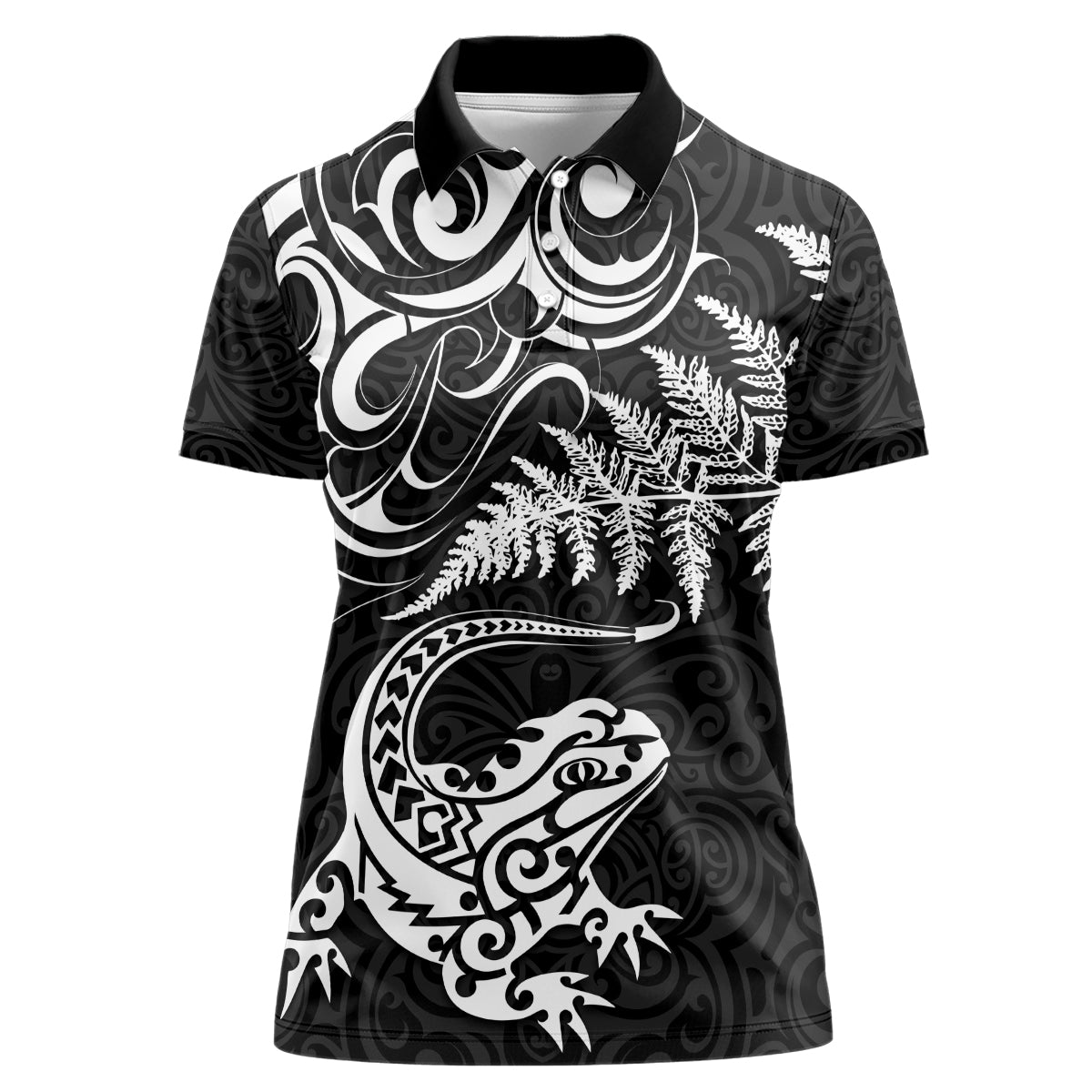 New Zealand Tuatara Tribal Tattoo Women Polo Shirt Silver Fern and Maori Pattern Black Color