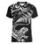 New Zealand Tuatara Tribal Tattoo Women V-Neck T-Shirt Silver Fern and Maori Pattern Black Color