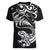 New Zealand Tuatara Tribal Tattoo Women V-Neck T-Shirt Silver Fern and Maori Pattern Black Color