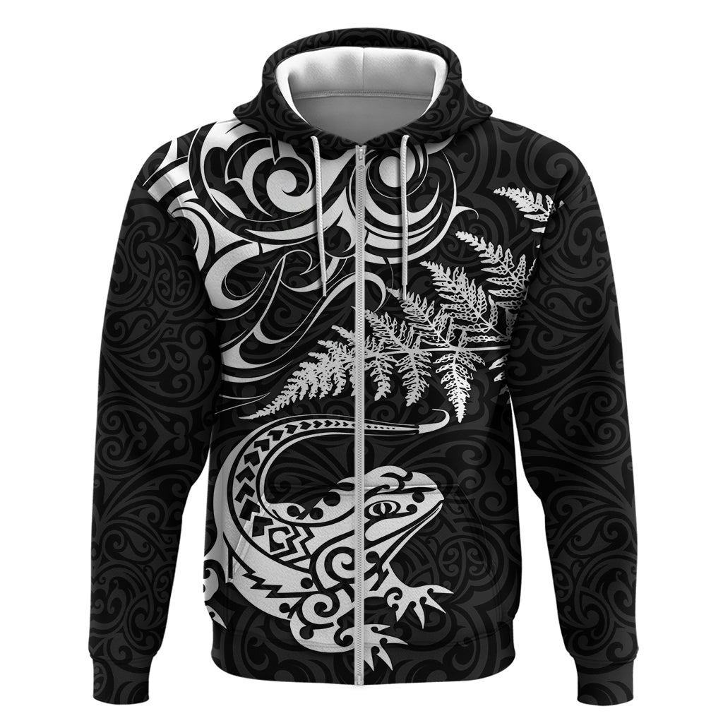 New Zealand Tuatara Tribal Tattoo Zip Hoodie Silver Fern and Maori Pattern Black Color