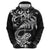 New Zealand Tuatara Tribal Tattoo Zip Hoodie Silver Fern and Maori Pattern Black Color