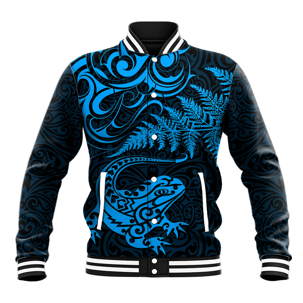 New Zealand Tuatara Tribal Tattoo Baseball Jacket Silver Fern and Maori Pattern Blue Color