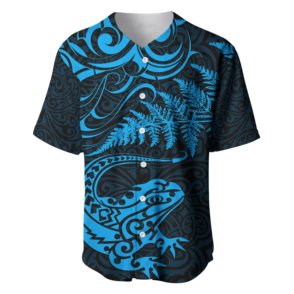 New Zealand Tuatara Tribal Tattoo Baseball Jersey Silver Fern and Maori Pattern Blue Color LT03 Blue - Polynesian Pride