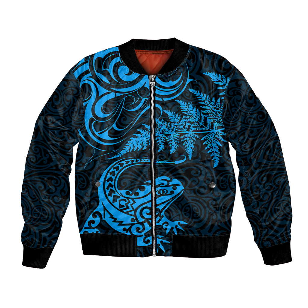 New Zealand Tuatara Tribal Tattoo Bomber Jacket Silver Fern and Maori Pattern Blue Color