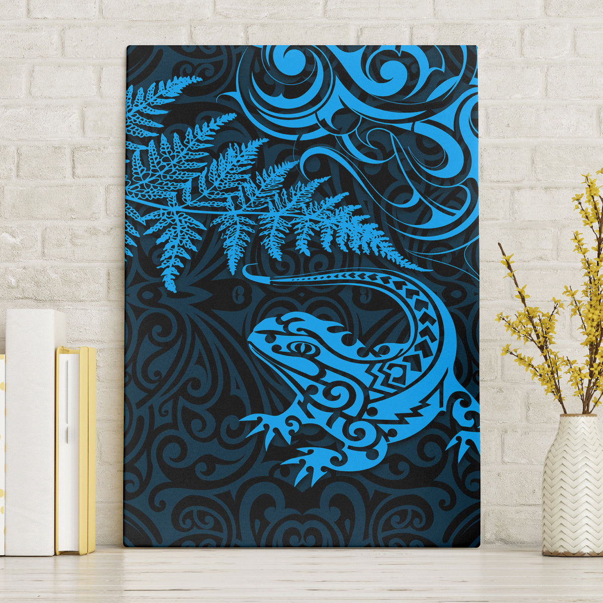 New Zealand Tuatara Tribal Tattoo Canvas Wall Art Silver Fern and Maori Pattern Blue Color