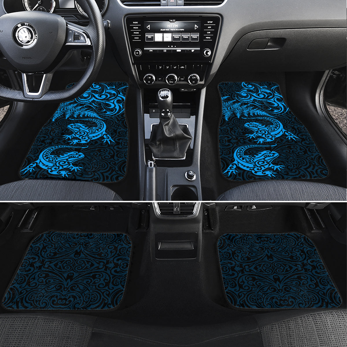 New Zealand Tuatara Tribal Tattoo Car Mats Silver Fern and Maori Pattern Blue Color