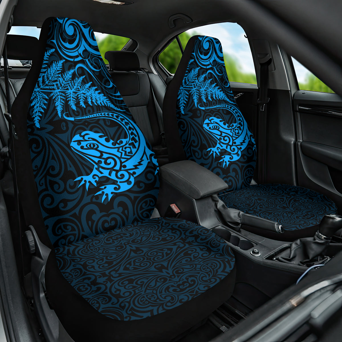 New Zealand Tuatara Tribal Tattoo Car Seat Cover Silver Fern and Maori Pattern Blue Color