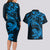 New Zealand Tuatara Tribal Tattoo Couples Matching Long Sleeve Bodycon Dress and Hawaiian Shirt Silver Fern and Maori Pattern Blue Color