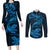 New Zealand Tuatara Tribal Tattoo Couples Matching Long Sleeve Bodycon Dress and Long Sleeve Button Shirt Silver Fern and Maori Pattern Blue Color