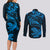 New Zealand Tuatara Tribal Tattoo Couples Matching Long Sleeve Bodycon Dress and Long Sleeve Button Shirt Silver Fern and Maori Pattern Blue Color