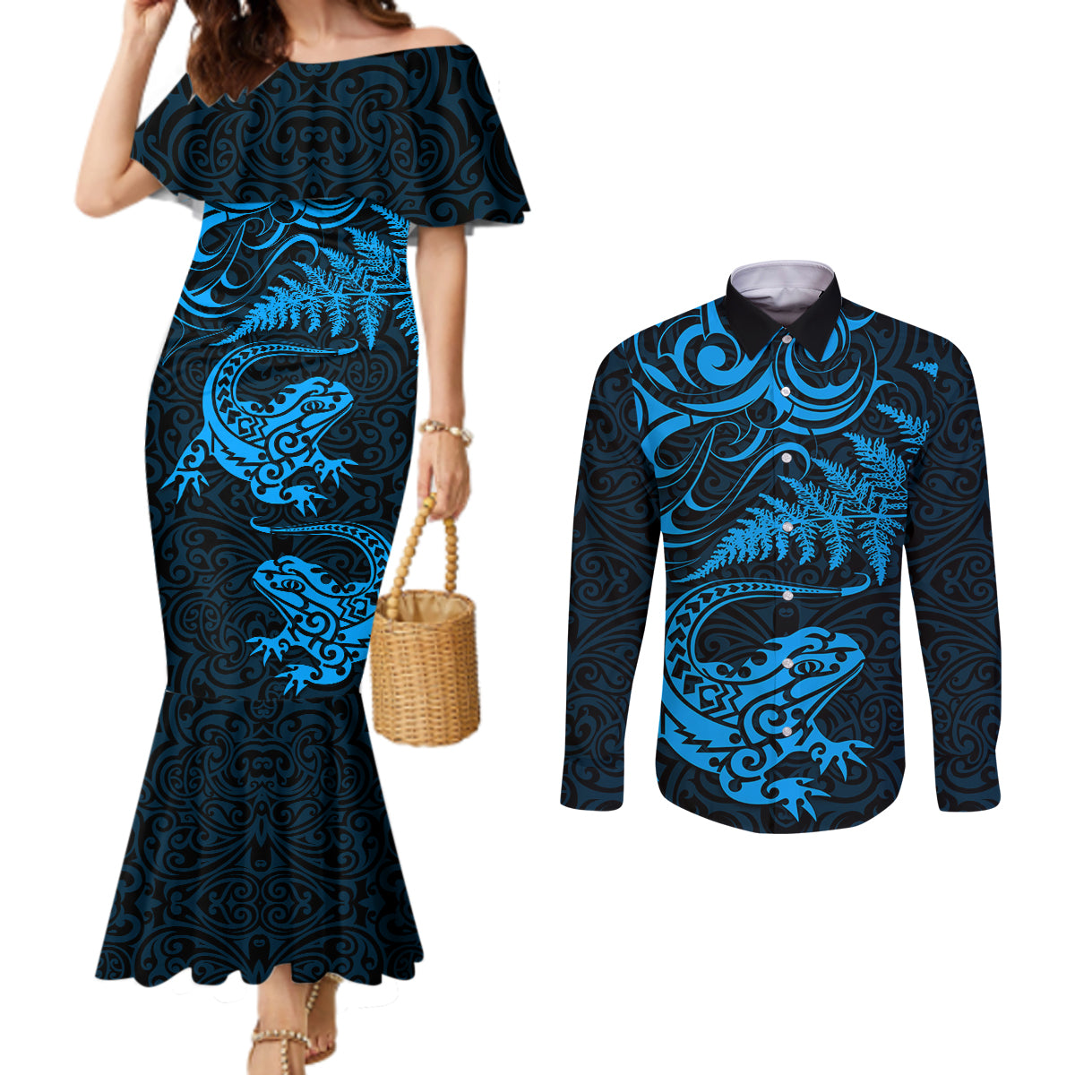 New Zealand Tuatara Tribal Tattoo Couples Matching Mermaid Dress and Long Sleeve Button Shirt Silver Fern and Maori Pattern Blue Color