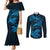 New Zealand Tuatara Tribal Tattoo Couples Matching Mermaid Dress and Long Sleeve Button Shirt Silver Fern and Maori Pattern Blue Color