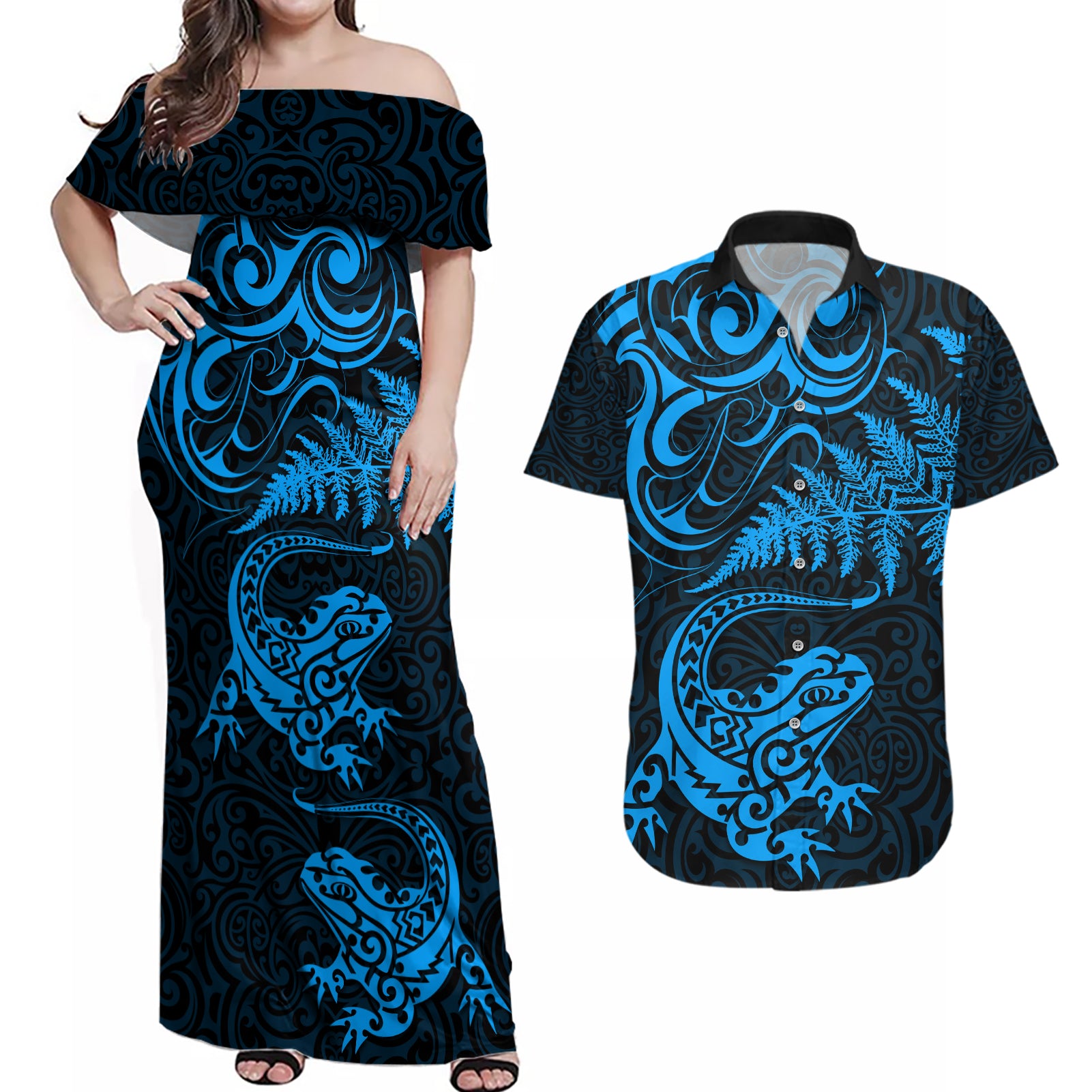 New Zealand Tuatara Tribal Tattoo Couples Matching Off Shoulder Maxi Dress and Hawaiian Shirt Silver Fern and Maori Pattern Blue Color