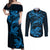 New Zealand Tuatara Tribal Tattoo Couples Matching Off Shoulder Maxi Dress and Long Sleeve Button Shirt Silver Fern and Maori Pattern Blue Color