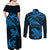 New Zealand Tuatara Tribal Tattoo Couples Matching Off Shoulder Maxi Dress and Long Sleeve Button Shirt Silver Fern and Maori Pattern Blue Color