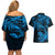 New Zealand Tuatara Tribal Tattoo Couples Matching Off Shoulder Short Dress and Hawaiian Shirt Silver Fern and Maori Pattern Blue Color