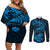 New Zealand Tuatara Tribal Tattoo Couples Matching Off Shoulder Short Dress and Long Sleeve Button Shirt Silver Fern and Maori Pattern Blue Color