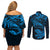 New Zealand Tuatara Tribal Tattoo Couples Matching Off Shoulder Short Dress and Long Sleeve Button Shirt Silver Fern and Maori Pattern Blue Color