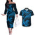 New Zealand Tuatara Tribal Tattoo Couples Matching Off The Shoulder Long Sleeve Dress and Hawaiian Shirt Silver Fern and Maori Pattern Blue Color