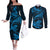 New Zealand Tuatara Tribal Tattoo Couples Matching Off The Shoulder Long Sleeve Dress and Long Sleeve Button Shirt Silver Fern and Maori Pattern Blue Color