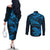 New Zealand Tuatara Tribal Tattoo Couples Matching Off The Shoulder Long Sleeve Dress and Long Sleeve Button Shirt Silver Fern and Maori Pattern Blue Color