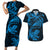 New Zealand Tuatara Tribal Tattoo Couples Matching Short Sleeve Bodycon Dress and Hawaiian Shirt Silver Fern and Maori Pattern Blue Color