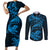 New Zealand Tuatara Tribal Tattoo Couples Matching Short Sleeve Bodycon Dress and Long Sleeve Button Shirt Silver Fern and Maori Pattern Blue Color